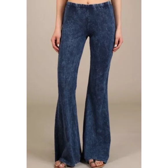 Electric Blue Boho Mineral Wash Flared Pants - Picture 2 of 6